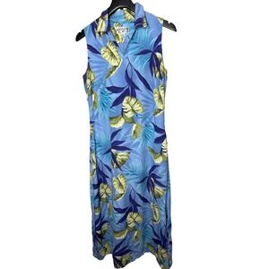 Vintage Kasper ASL Blue Tropical Leaf Print Sleeveless Maxi Dress 6P Rayon